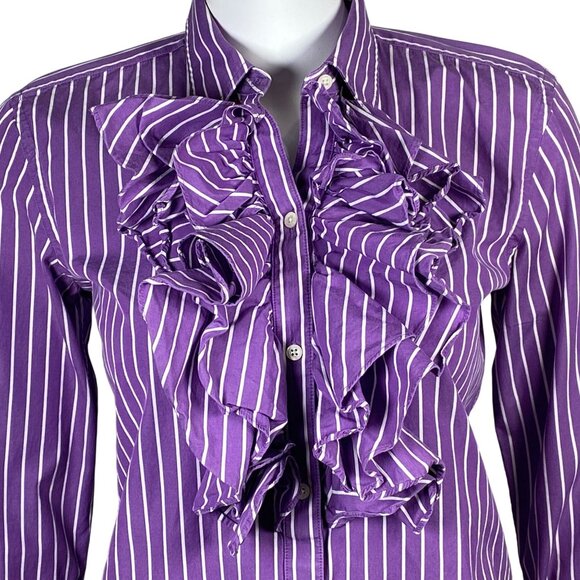 Lauren Ralph Lauren Ruffle Collar Button Up Shirt Womens S Cotton Purple Stripes - Picture 2 of 7